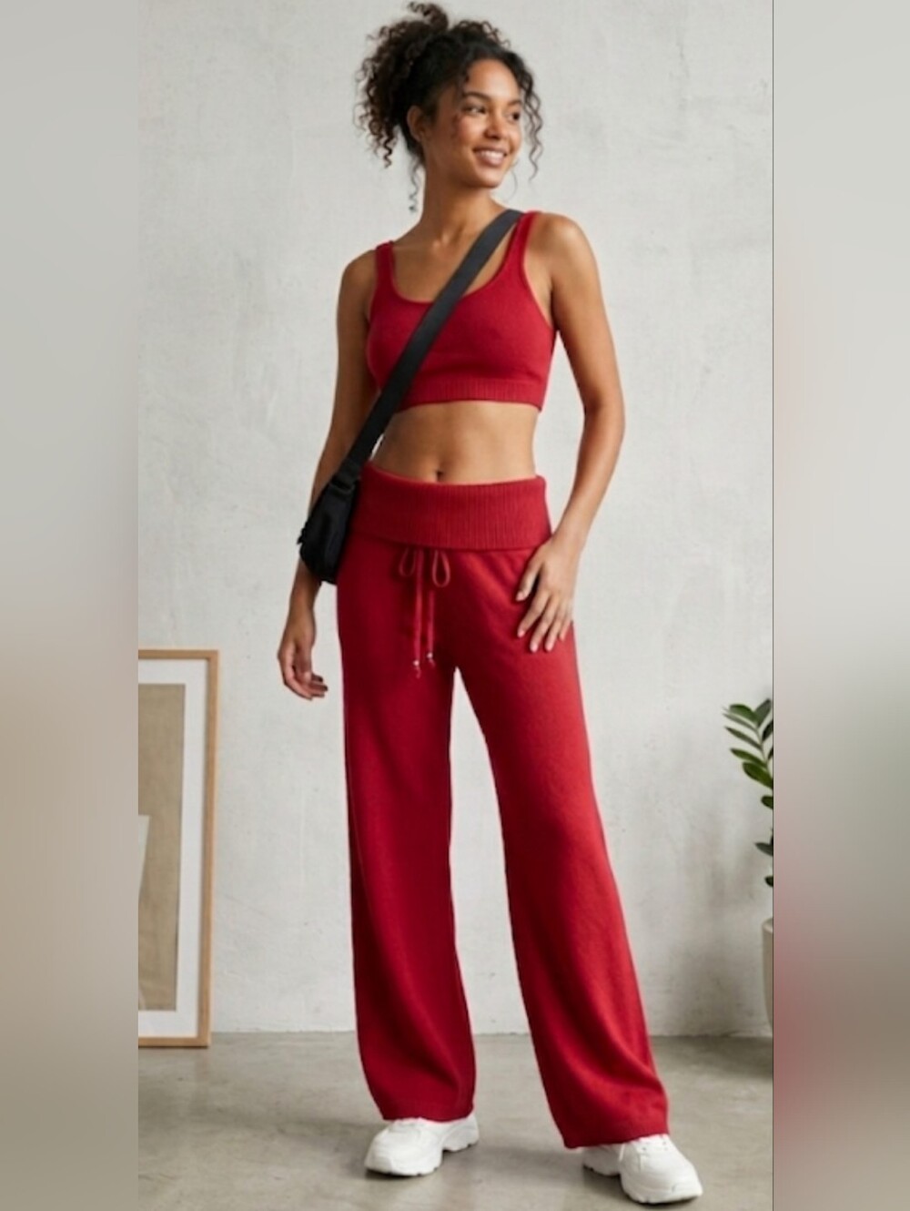Frankies Bikinis Dawson Cloud Knit Pants Red Wide Leg Foldover Medium NWT